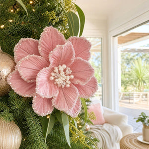Pink Icy Peony Clip styled in an Australian Christmas setting