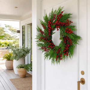 Mixed Berry and Pine Wreath styled in an Australian Christmas setting