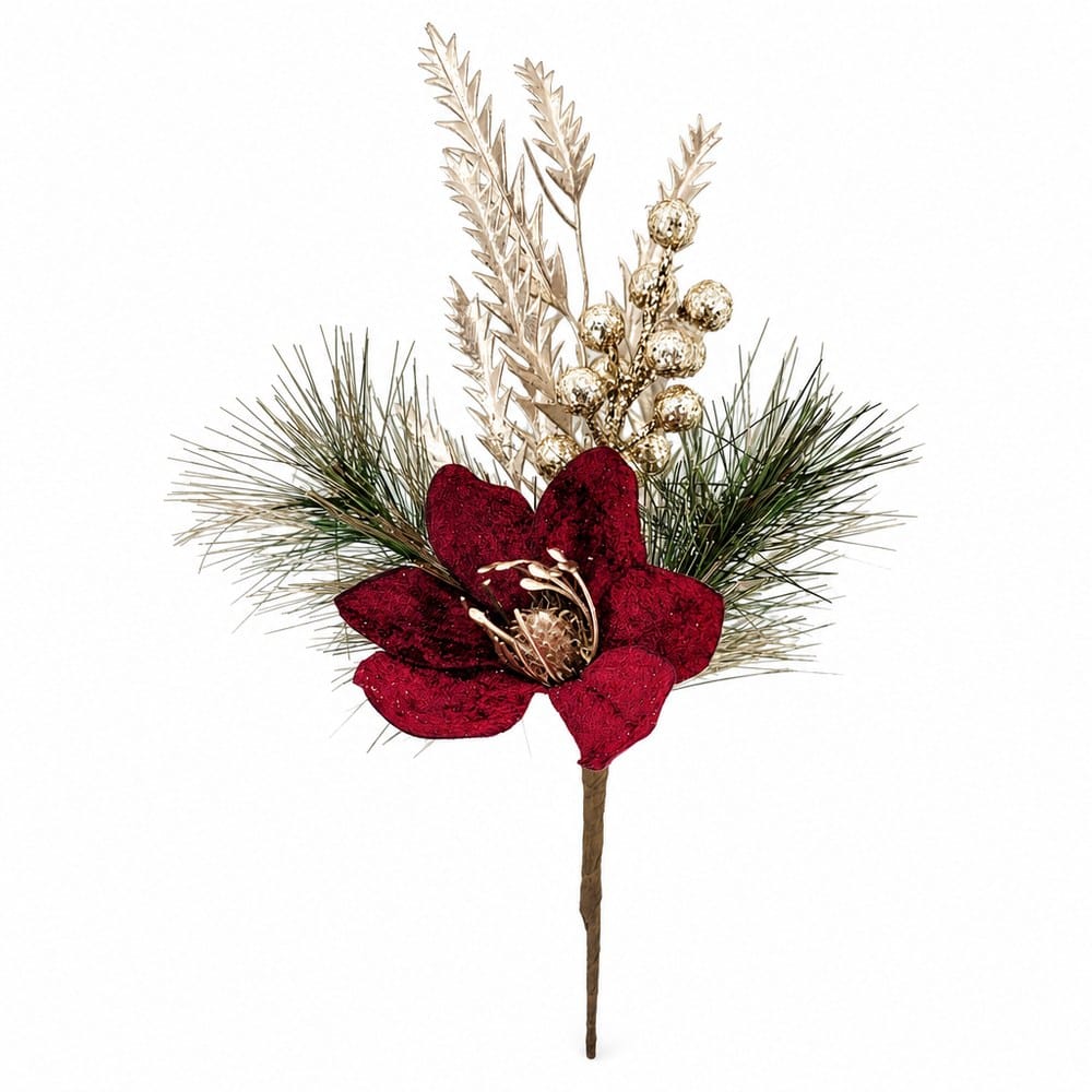 Metallic Pine and Bauble Magnolia Stem (30cm)