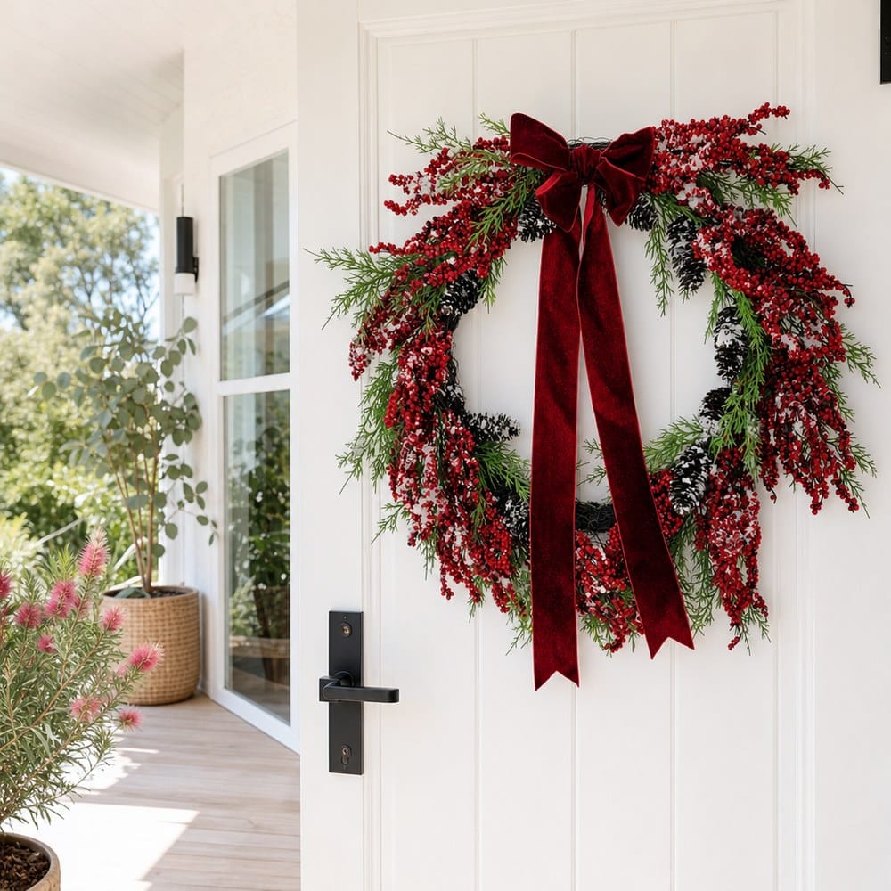 Pinecone and Berry Snowy Wreath styled in an Australian Christmas setting