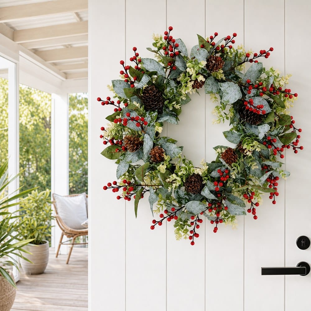 White Berry and Pinecone Leafy Wreath styled in an Australian Christmas setting