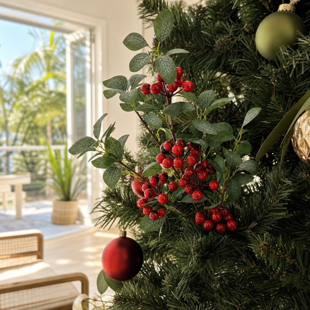 Leafy Red Berry Pick on a decorated Christmas tree