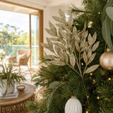 Champagne Glitter Leaf Branch on a decorated Christmas tree