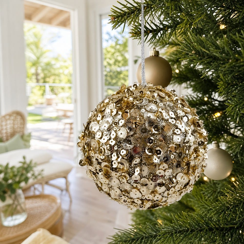 Champagne Sequins Bauble on a decorated Christmas tree
