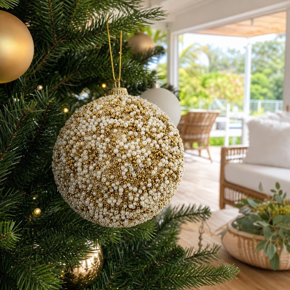White Gold Beaded Bauble on a decorated Christmas tree
