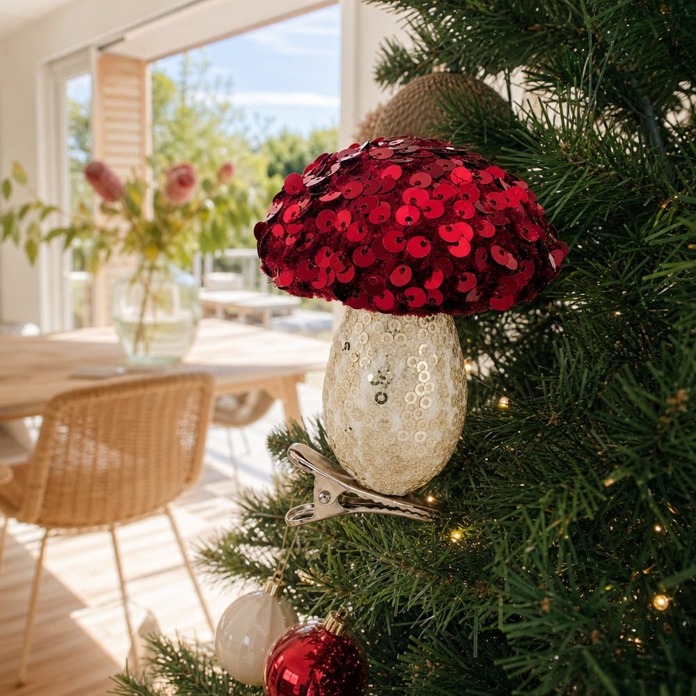 Red Sequined Mushroom Clip on a decorated Christmas tree