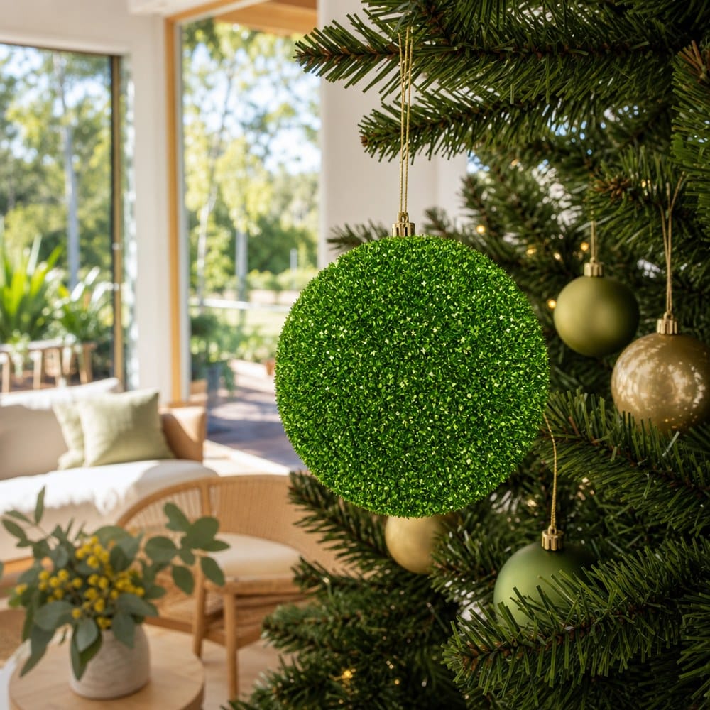 Green Glitter and Sequins Bauble on a decorated Christmas tree