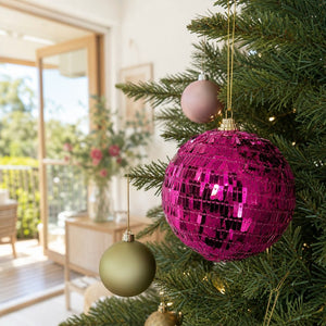 Hot Pink Sequin Bling Bauble on a decorated Christmas tree