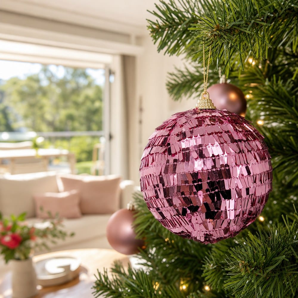 Pink Sequin Bling Bauble on a decorated Christmas tree