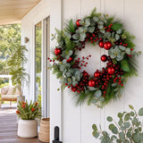 Berries and Baubles Eucalypt and Pine Wreath styled in an Australian Christmas setting