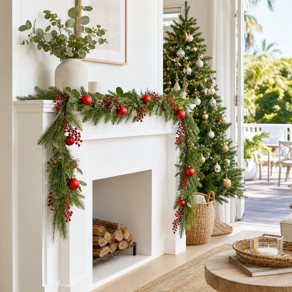 Berries and Baubles Eucalypt and Pine Garland styled in an Australian Christmas setting