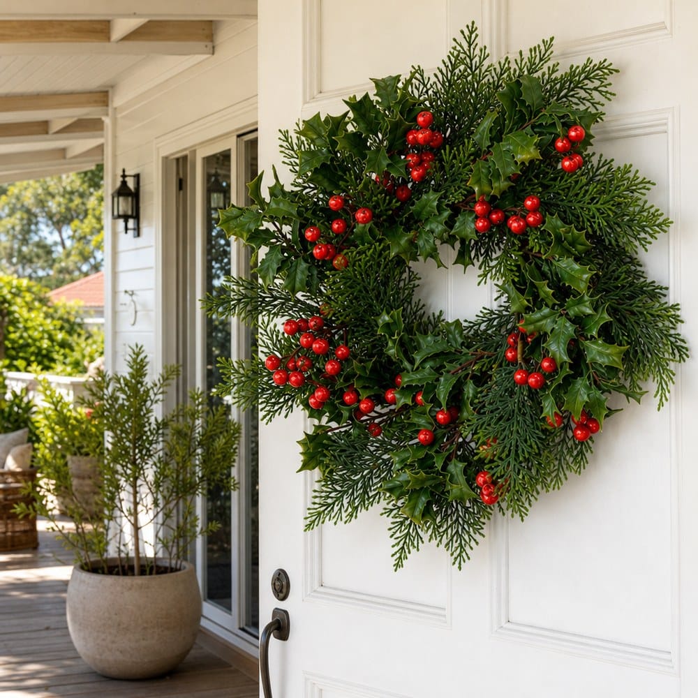 Mixed Green Wreath with Berries styled in an Australian Christmas setting