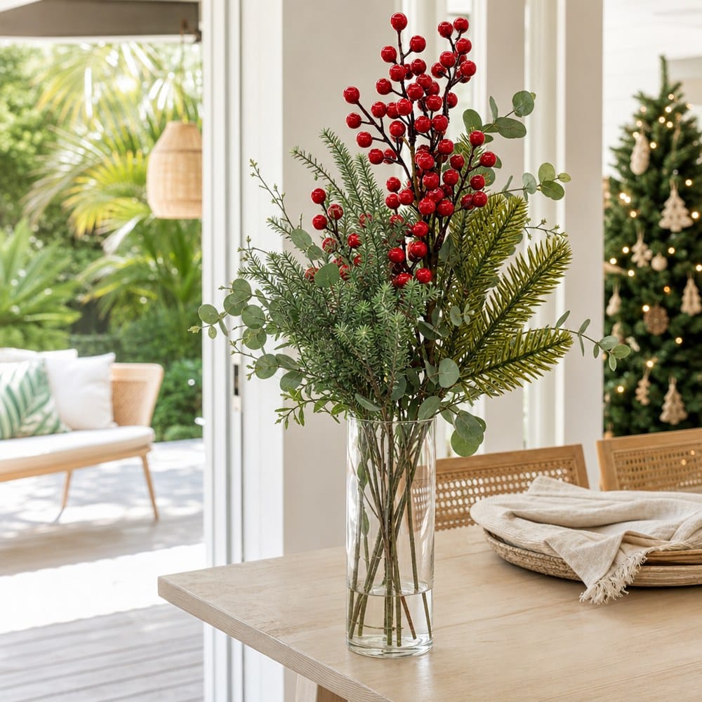 Berry and Pine Frosted Spray arranged in a glass vase