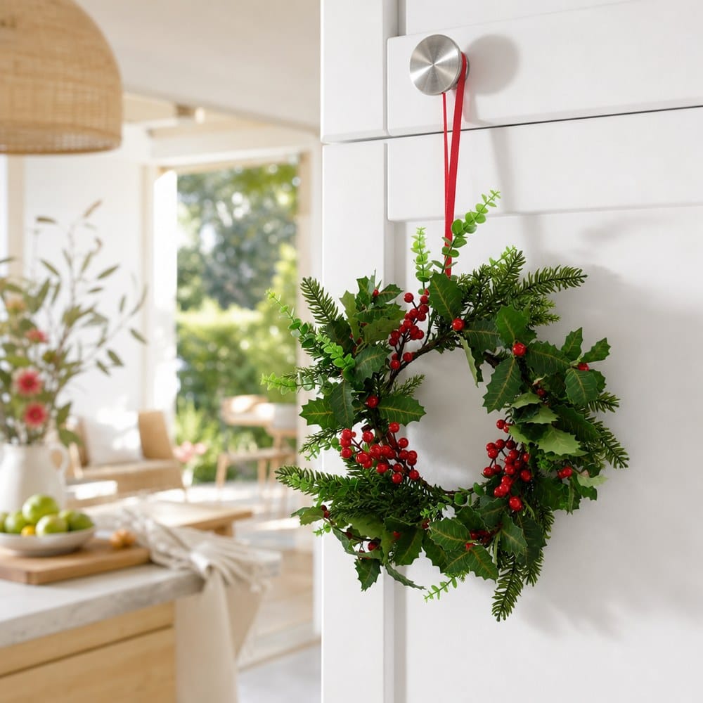 Holly Pine Berry Mini Wreath styled in an Australian Christmas setting