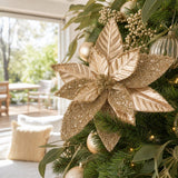 Metallic Tinsel Poinsettia Stem on a decorated Christmas tree