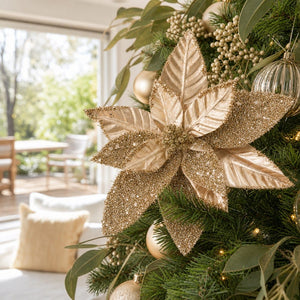 Metallic Tinsel Poinsettia Stem on a decorated Christmas tree