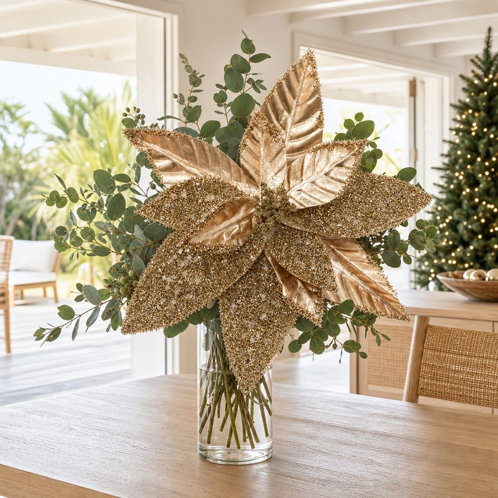 Metallic Tinsel Poinsettia Stem arranged in a glass vase