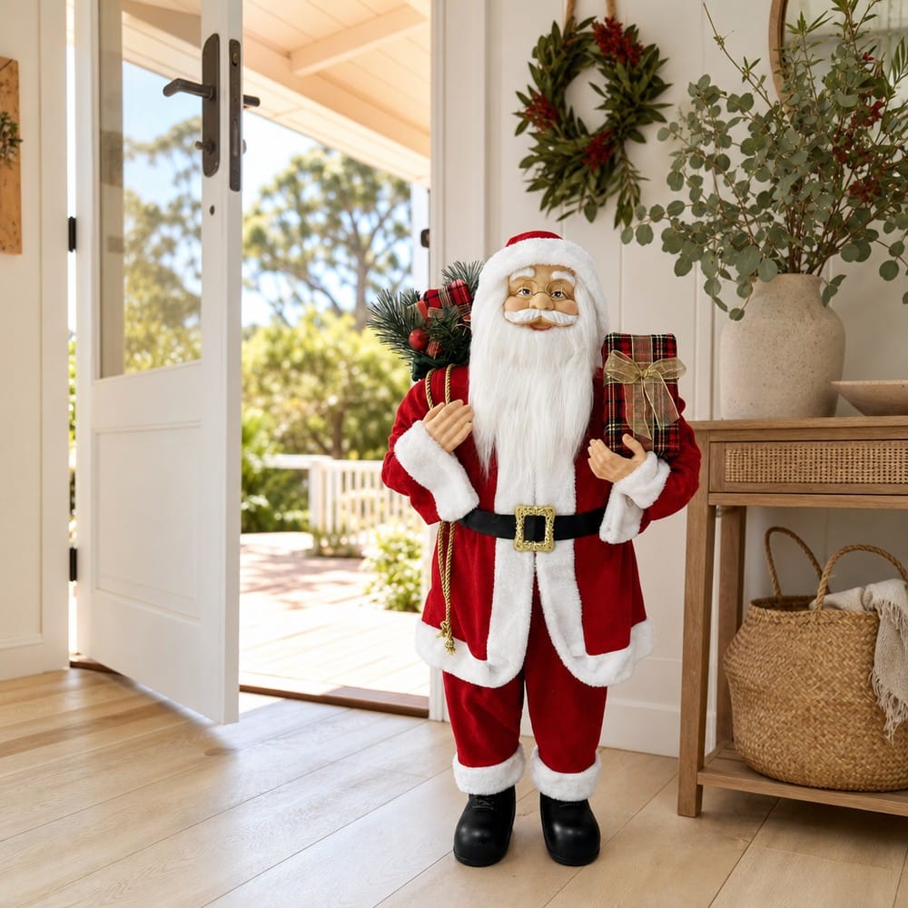 Classic Standing Santa (90cm) welcoming guests at the front door in an Australian Christmas setting