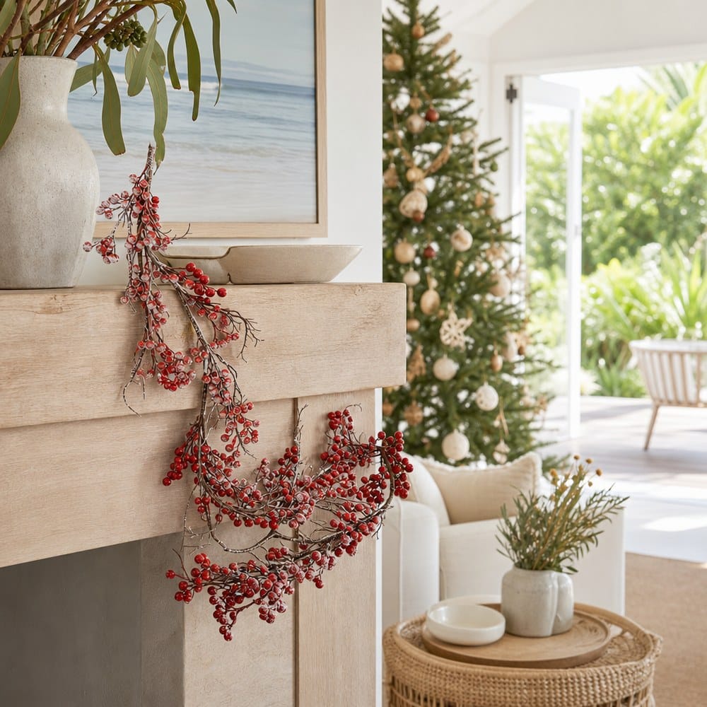 Frosted Winter Berry Garland styled in an Australian Christmas setting