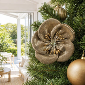 Champagne Textured Magnolia Clip on a decorated Christmas tree