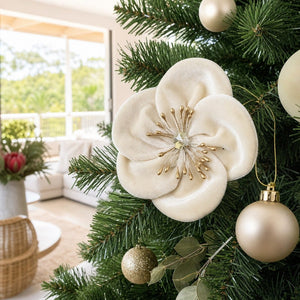 Cream Textured Magnolia Clip on a decorated Christmas tree