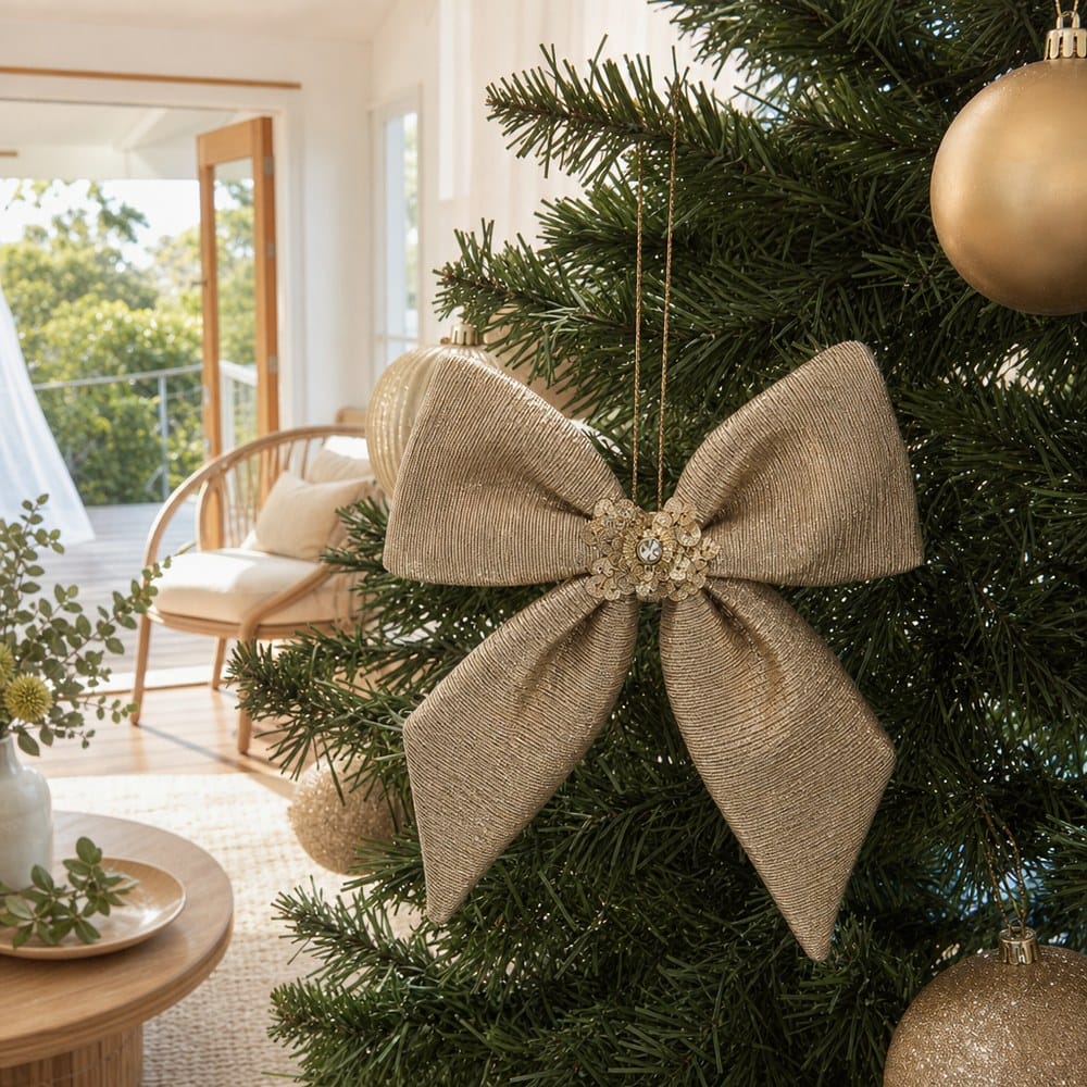 Champagne Bow Ornament on a decorated Christmas tree