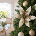 Ivory and Champagne Sequined Poinsettia on a decorated Christmas tree