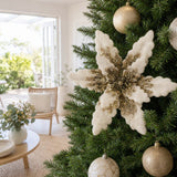 Ivory and Champagne Sequined Poinsettia on a decorated Christmas tree