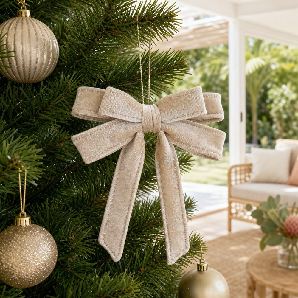 Cream Double Bow Ornament on a decorated Christmas tree
