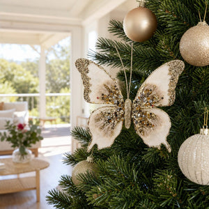 Ivory and Champagne Sequined Butterfly Clip on a decorated Christmas tree