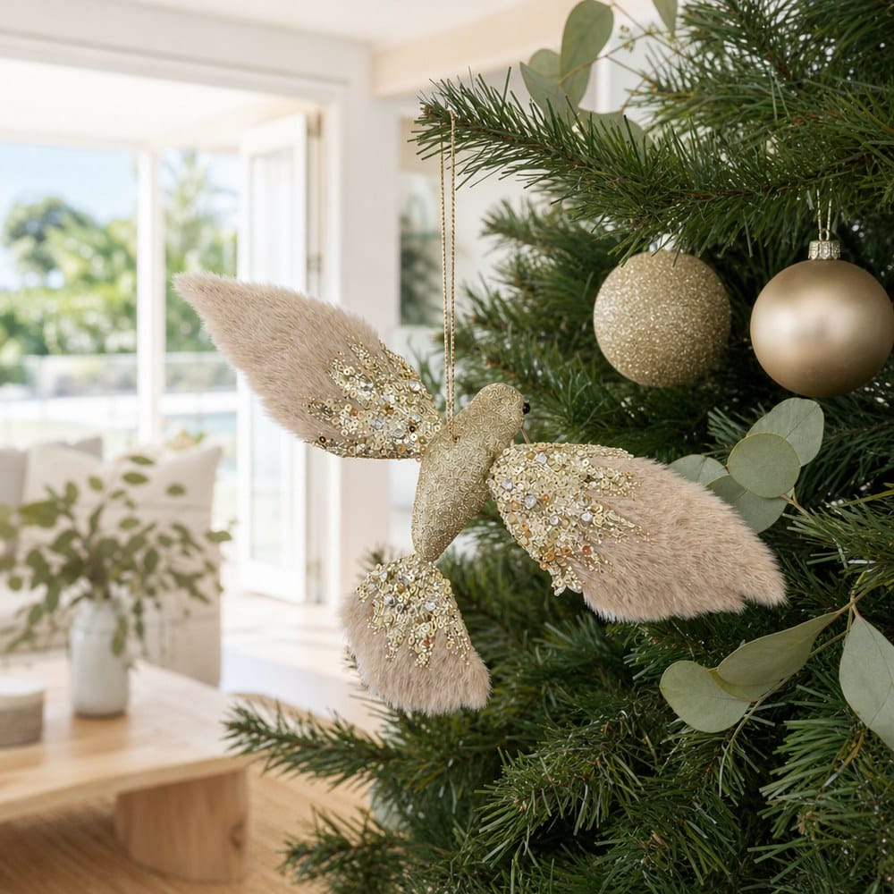 Champagne Hummingbird Ornament on a decorated Christmas tree