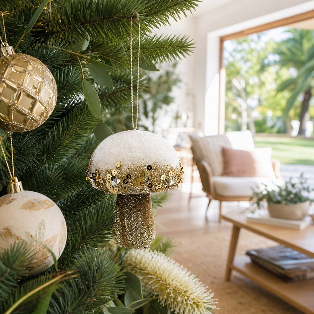 Champagne Mushroom Ornament on a decorated Christmas tree