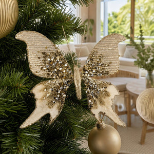 Glittered Champagne Butterfly Clip on a decorated Christmas tree