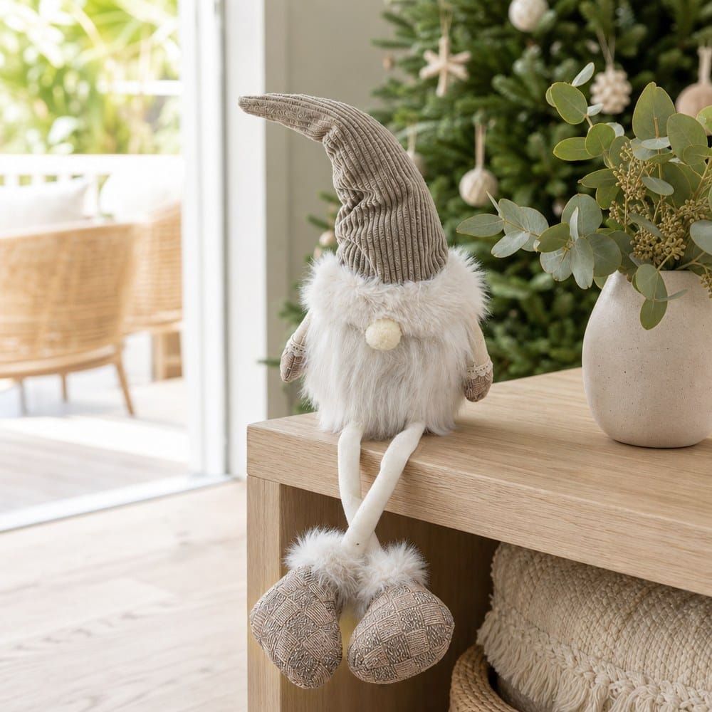 Grey Sitting Gnome styled in an Australian Christmas setting
