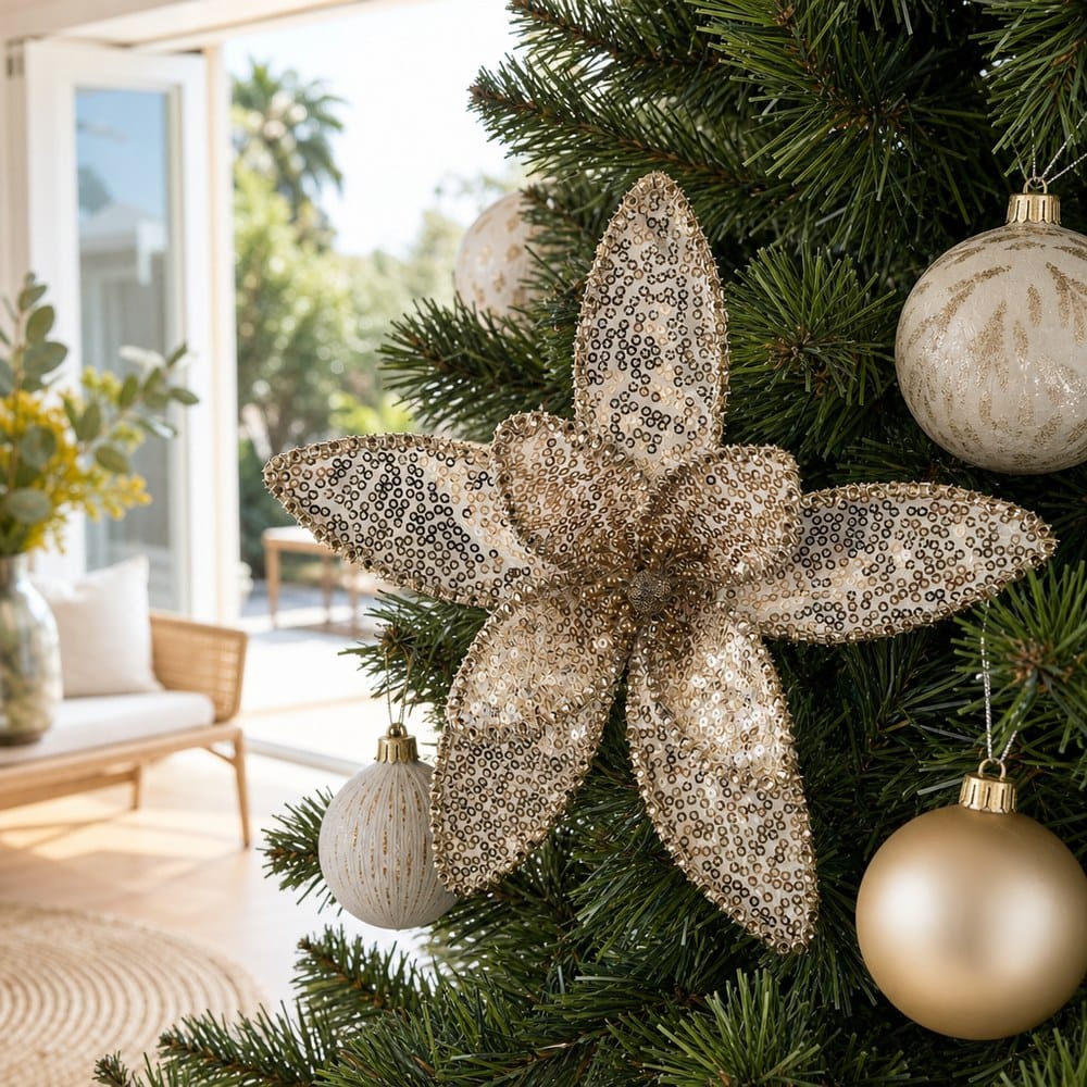 Textured Platinum Floral Clip on a decorated Christmas tree