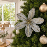 Sheer Silver Floral Clip on a decorated Christmas tree