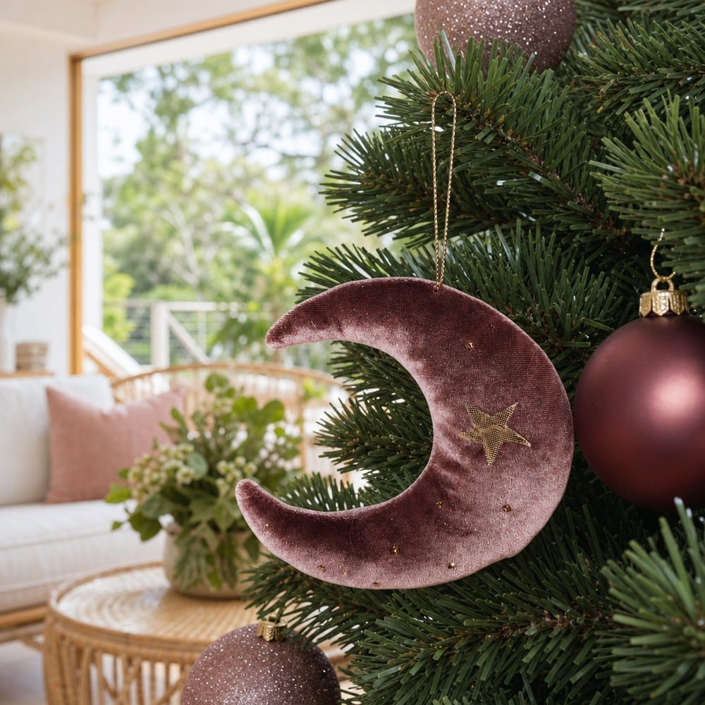 Dusty Rose Soft Moon Ornament on a decorated Christmas tree