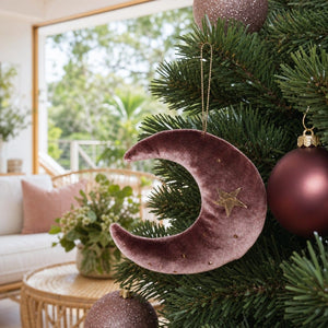 Dusty Rose Soft Moon Ornament on a decorated Christmas tree