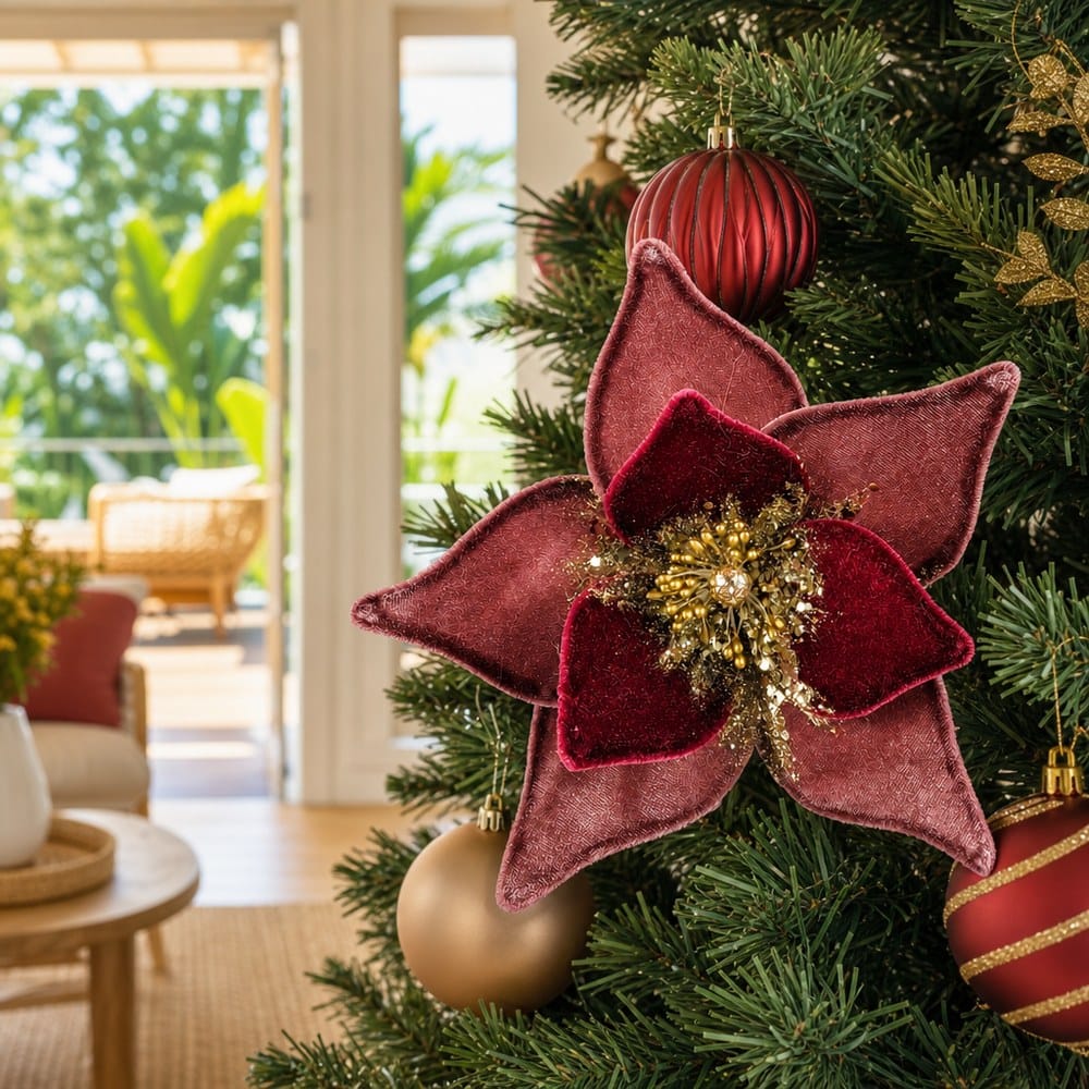 Velvet Wine Floral Clip on a decorated Christmas tree