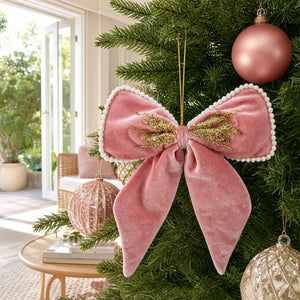Soft Pink Bow Ornament on a decorated Christmas tree