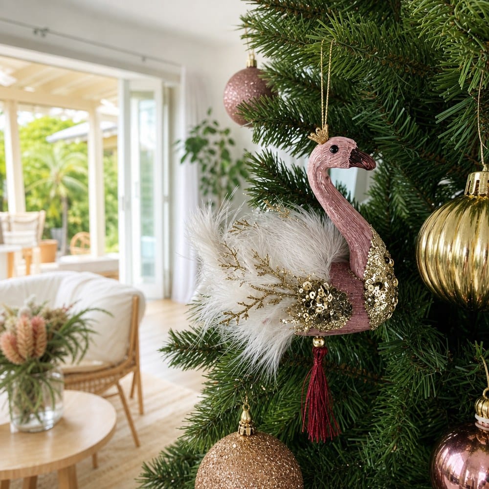 Dusty Rose Swan Ornament on a decorated Christmas tree
