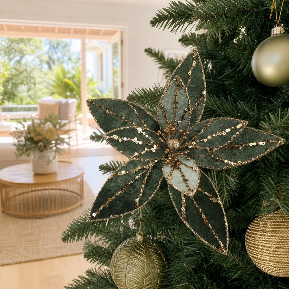 Winter Sage Poinsettia Clip on a decorated Christmas tree