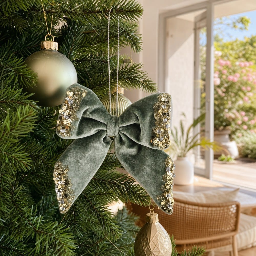 Winter Sage Bow Ornament on a decorated Christmas tree