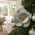 Glittered Silver Floral Clip on a decorated Christmas tree