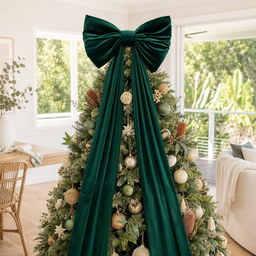 Giant Green Velvet Bow on a decorated Christmas tree