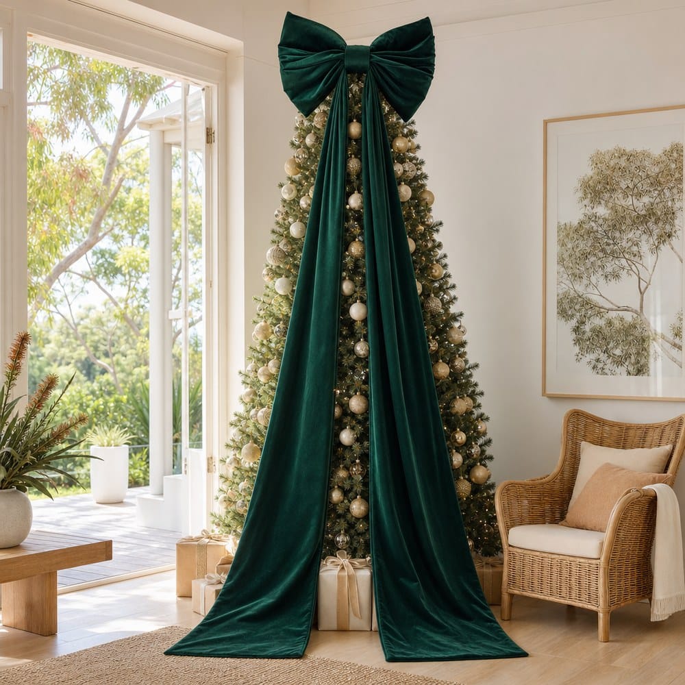 Giant Green Velvet Bow on a decorated Christmas tree, its tails running the full 240cm to the floor