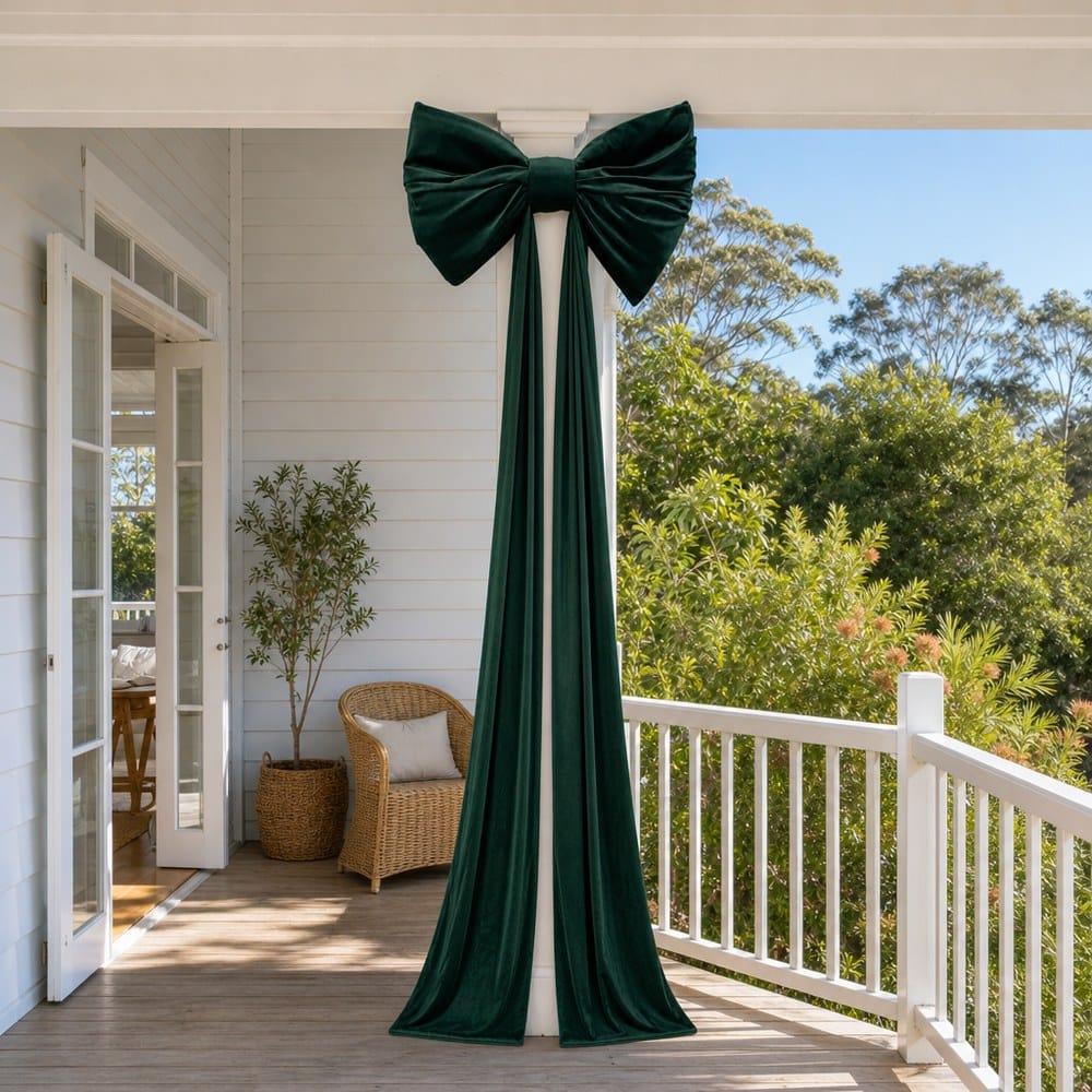 Giant Green Velvet Bow tied to a verandah post, styled in an Australian Christmas setting