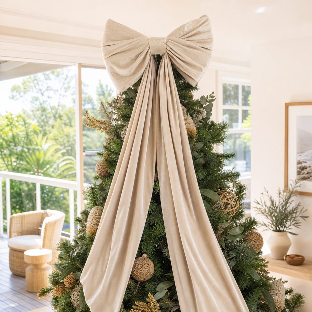 Giant Cream Velvet Bow on a decorated Christmas tree