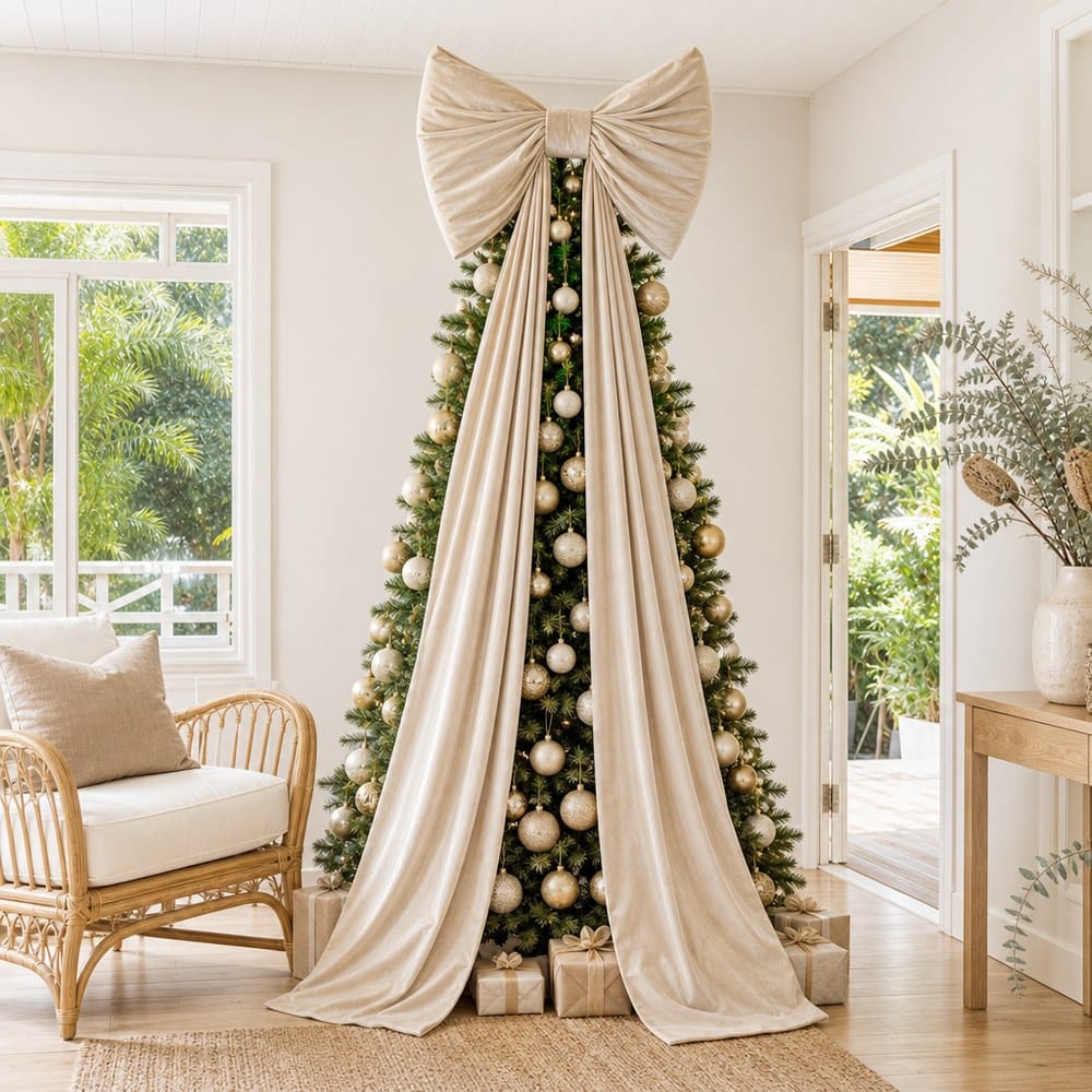 Giant Cream Velvet Bow on a decorated Christmas tree, its tails running the full 240cm to the floor