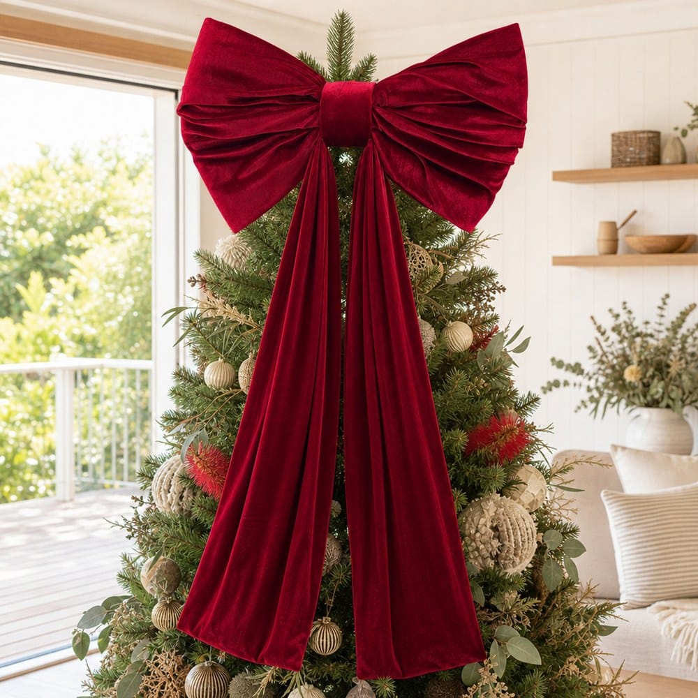 Giant Red Velvet Bow on a decorated Christmas tree